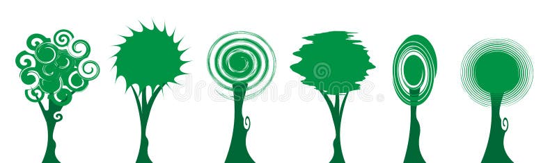 Set of green tree icons, Trees Education Logo Design, original green nature curly style, eco and bio badge, abstract organic icons royalty free illustration Set of green tree icons, Trees Education Logo Design, original green nature curly style, eco and bio badge, abstract organic icons royalty free illustration