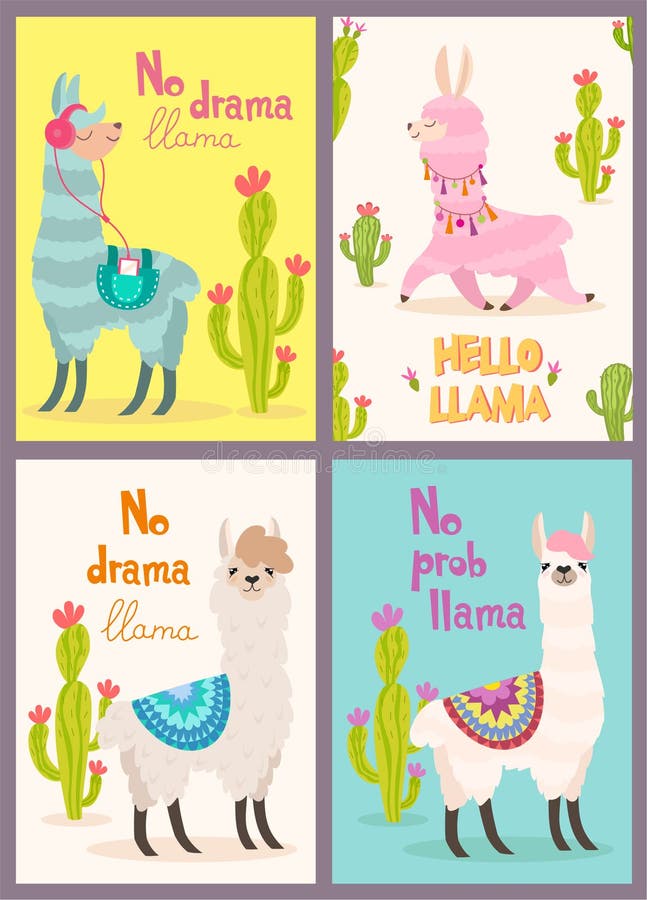 Set of greeting cards with llama. Stylized cartoon llama with ornament design and cactus. Vector poster. royalty free illustration Set of greeting cards with llama. Stylized cartoon llama with ornament design and cactus. Vector poster. royalty free illustration