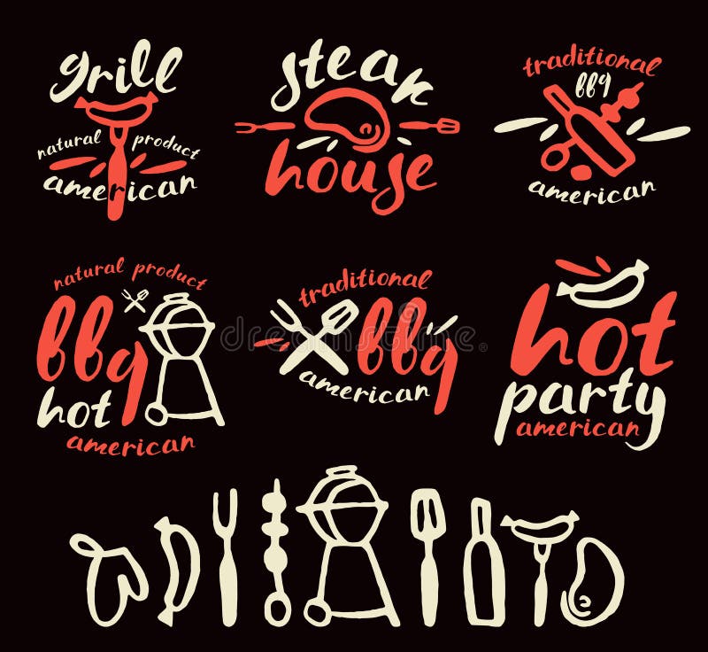 Set grill etykietki, odznaki i projektów elementy, ilustracji Set grill etykietki, odznaki i projektów elementy, ilustracji