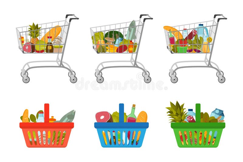 Set of grocery food baskets and shopping carts with different goods such as fruits and vegetables, meat and fish, milk