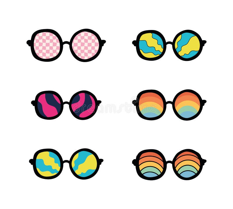 Set of Groovy Colored Sunglasses with Wavy Rainbow Pattern Stock Vector
