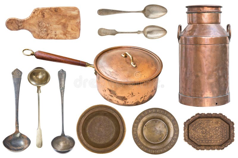 Set groszaka i metalu rocznika cookware odizolowywający na białym tle zdjęcia royalty free Set groszaka i metalu rocznika cookware odizolowywający na białym tle zdjęcia royalty free