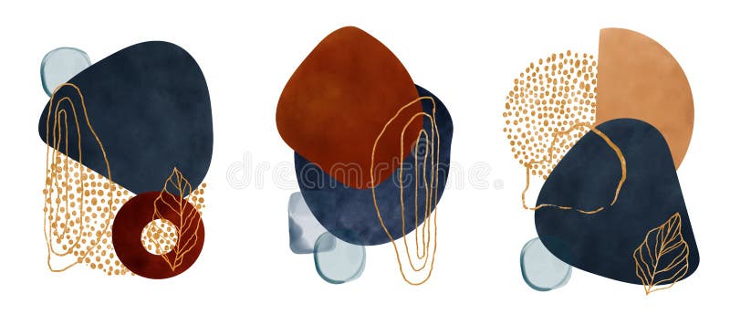 Set of groups of watercolor geometric shapes, golden lines, splashes and stains, water drops isolated on white background. Abstract illustration and modern print for design logo, cover, pattern