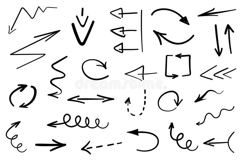 Set of grunge hand drawn arrows isolated on white stock illustration