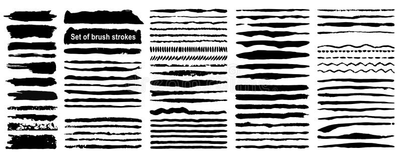 Set of 80 grunge ink brush strokes. Black artistic paint, hand drawn. Dry Brush Stroke elements collection stock illustration