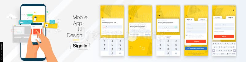 Set of GUI Screens with Login and Password input, Sign In and Sign Up vector illustration