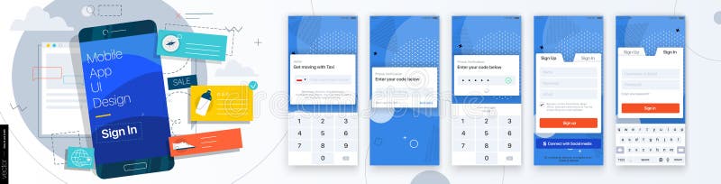 Set of GUI Screens with Login and Password input, Sign In and Sign Up vector illustration