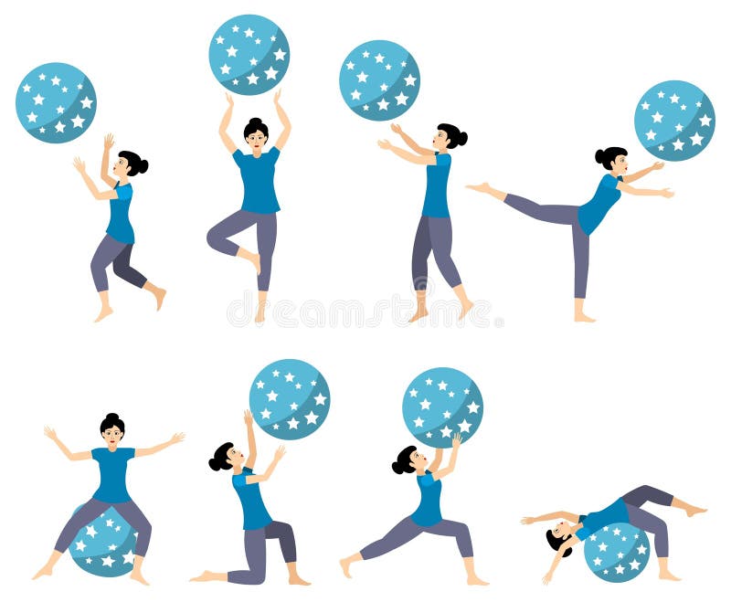 Set of gymnast poses. A girl with a blue ball does gymnastic exercises. Acrobatic poses stock illustration