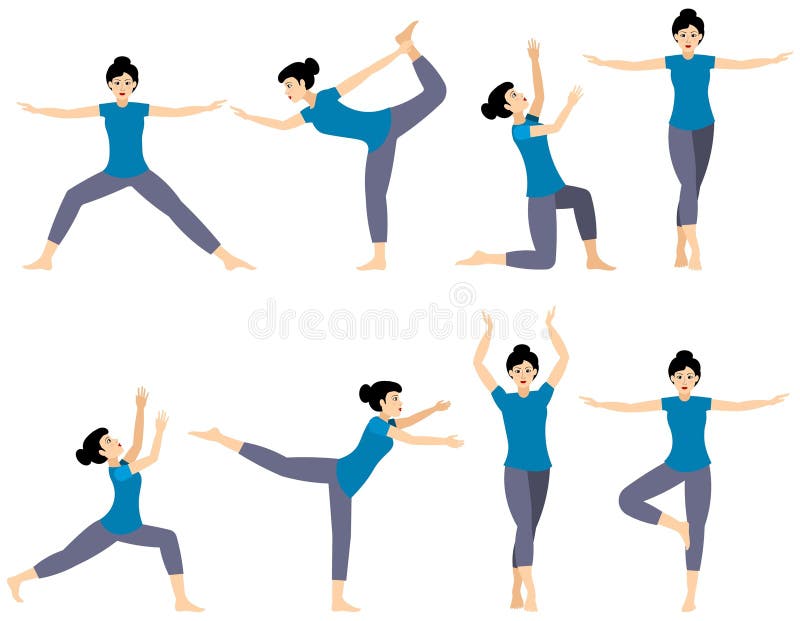 Set of gymnast poses. A young girl in a blue t-shirt is doing gymnastic exercises. Acrobatic poses vector illustration