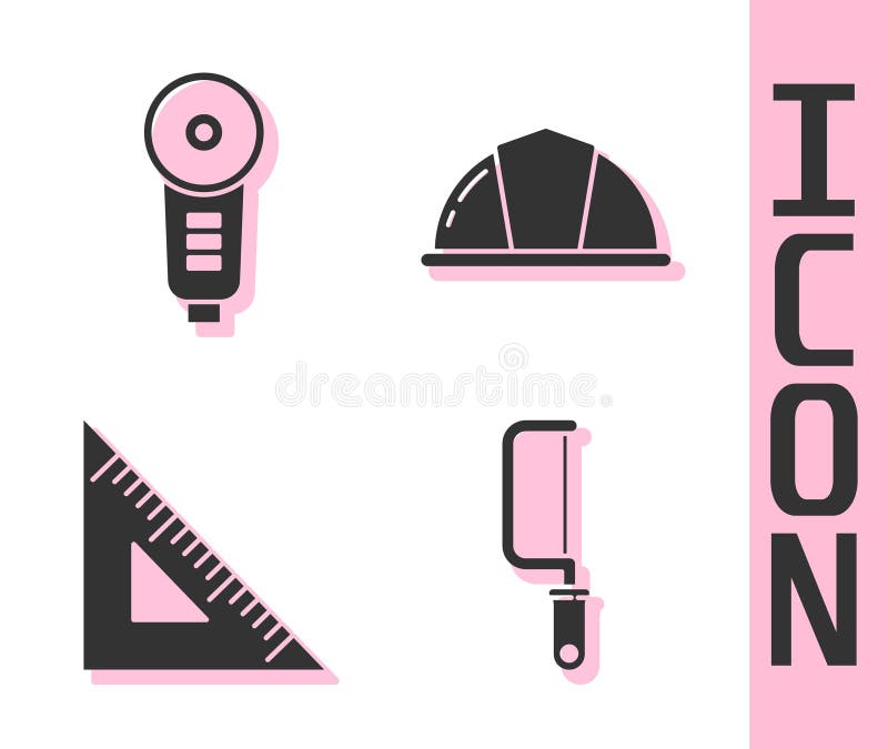 Set Hacksaw, Angle grinder, Triangular ruler and Worker safety helmet icon. Vector royalty free illustration
