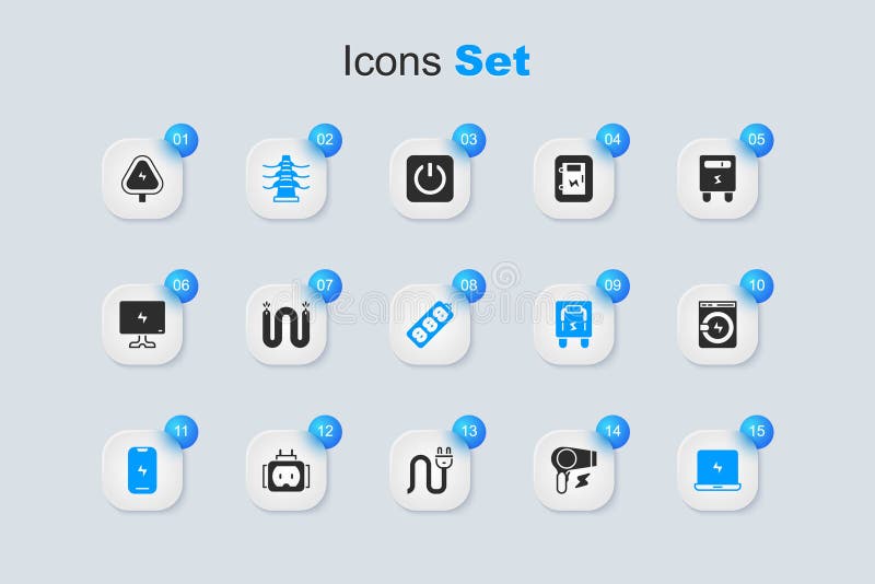 Set Hair dryer, Electric cable, tower line, Mobile phone, Laptop, Washer, High voltage and extension icon. Vector stock illustration