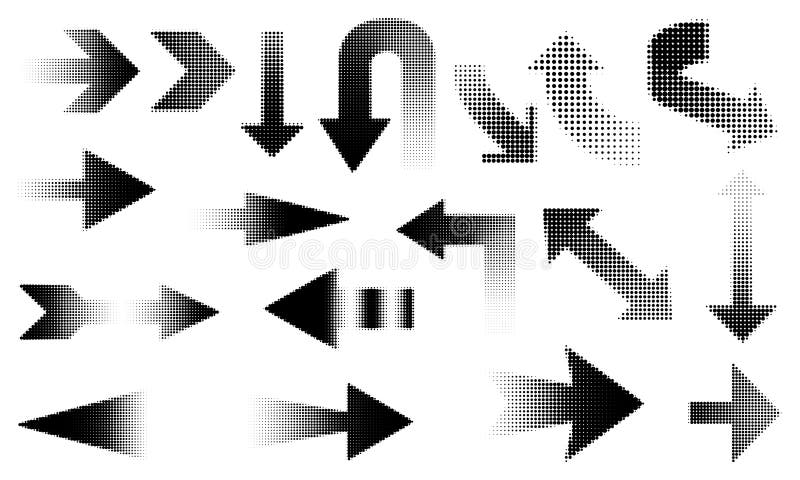Set of halftone arrows in black and white. Abstract dotted arrow symbols with gradient effects vector illustration