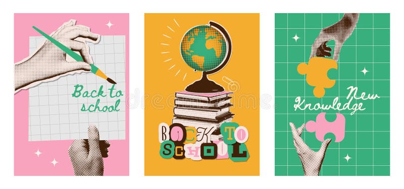 Set of halftone collage posters with hands. Drawing, developing, learning, designing concept. Back to school. Template for card stock illustration