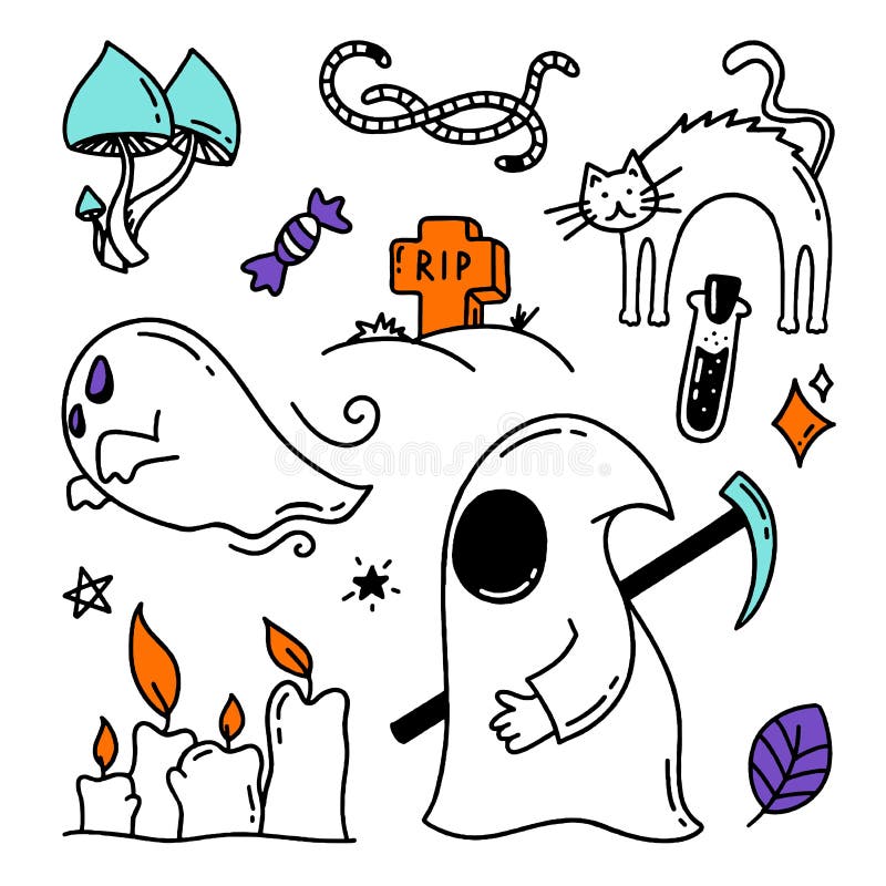 Set of Halloween Elements Doodle Style Vector Design Illustration ...