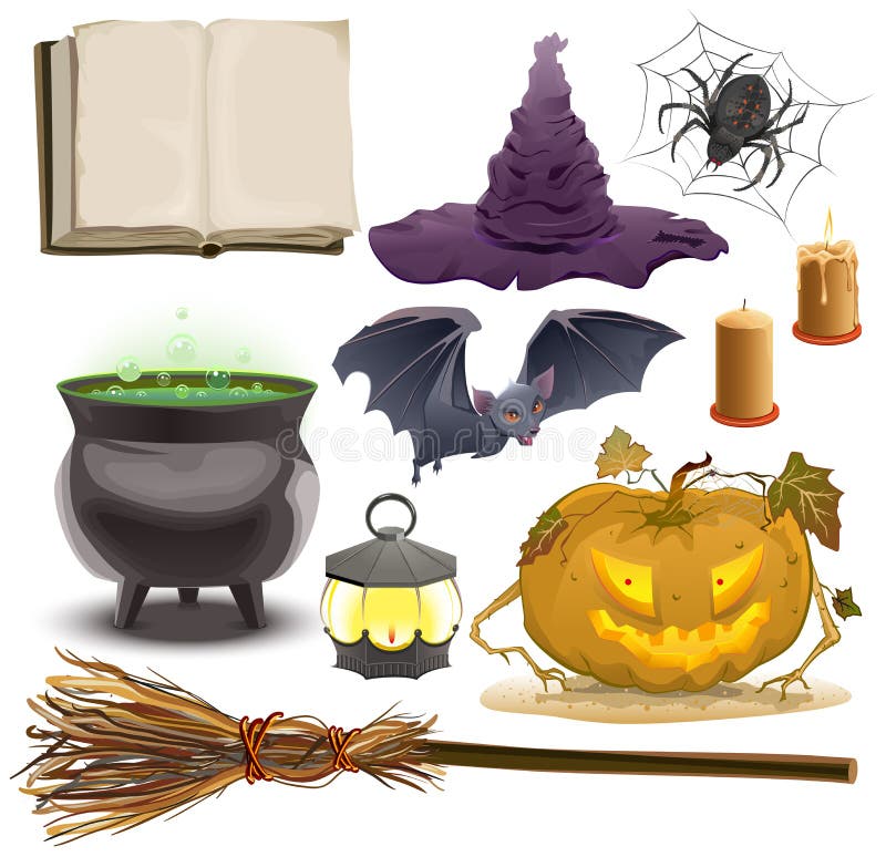 Set Halloween objects accessories. Pumpkin ,lantern, hat, broom, cauldron, spider, bat and old book