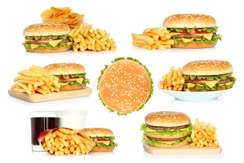 Set hamburgery, francuz smaży i szczerbi się z kolą zdjęcie stock Set hamburgery, francuz smaży i szczerbi się z kolą zdjęcie stock
