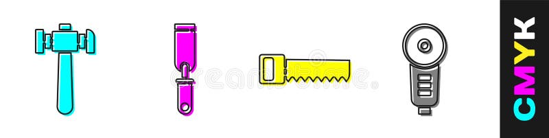 Set Hammer, Rasp metal file, Hand saw and Angle grinder icon. Vector royalty free illustration