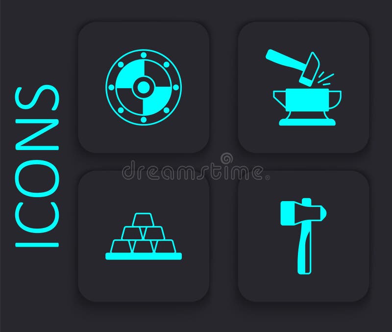 Set Hammer, Round Shield, Anvil and Hammer and Gold Bars Icon. Black