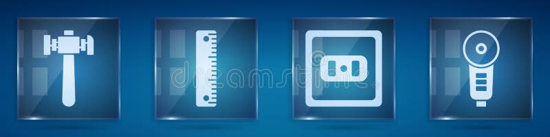 Set Hammer, Ruler, Electrical outlet and Angle grinder. Square glass panels. Vector stock illustration