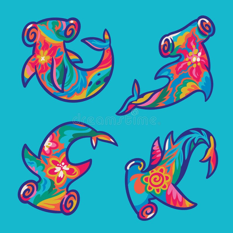 Set of Hammerhead Sharks with Decorative Flowers Ornaments Inside Stock