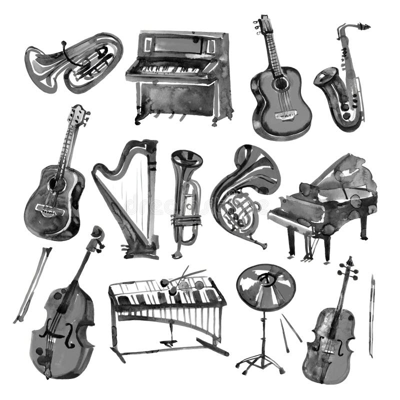 Set of Hand Draw Black Watercolor Musical Instruments Stock Illustration Illustration of