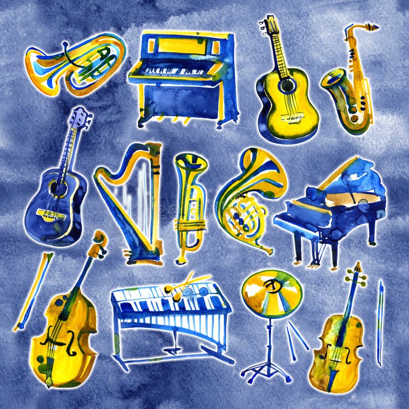 Set of Hand Draw Watercolor Musical Instruments on Blue Background Stock Illustration