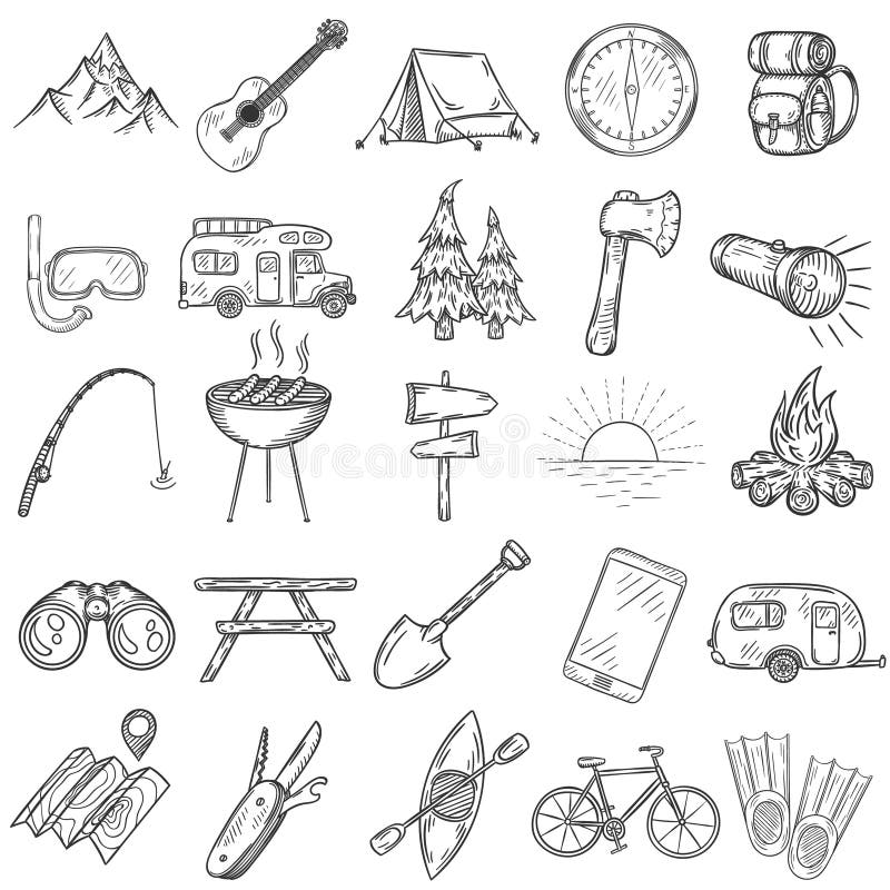 Set of hand drawn camping icons. royalty free illustration