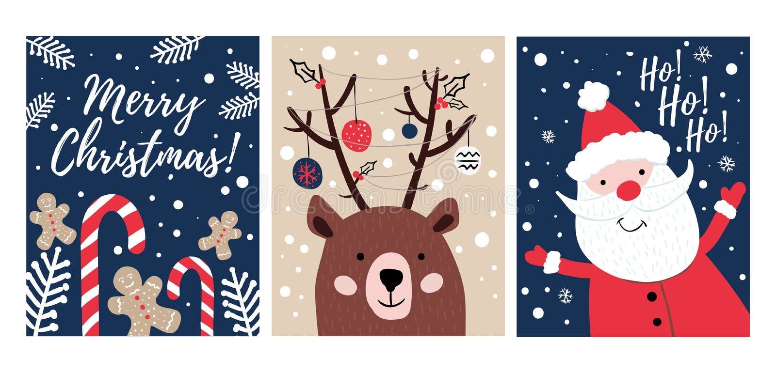 Set of hand drawn Christmas cards with candies, cookies, bear and Santa. Merry Christmas greeting cards. Vector illustration royalty free illustration Set of hand drawn Christmas cards with candies, cookies, bear and Santa. Merry Christmas greeting cards. Vector illustration royalty free illustration