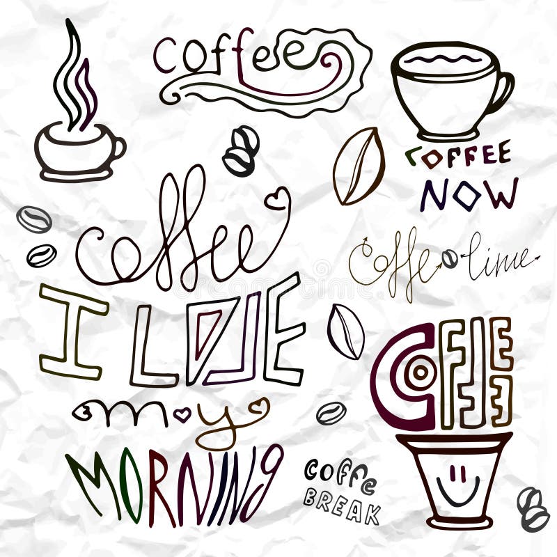 Set of Hand Drawn Coffee Theme Elements, Vector Illustration Stock