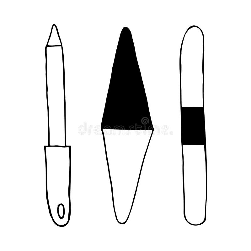 Set of hand drawn doodle nail files. Devices for polishing and cutting nails. Boomerang and sharp file. Hand written