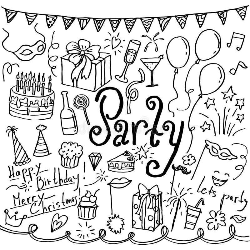 Set of Hand Drawn Doodle Party Icons Stock Illustration - Illustration ...