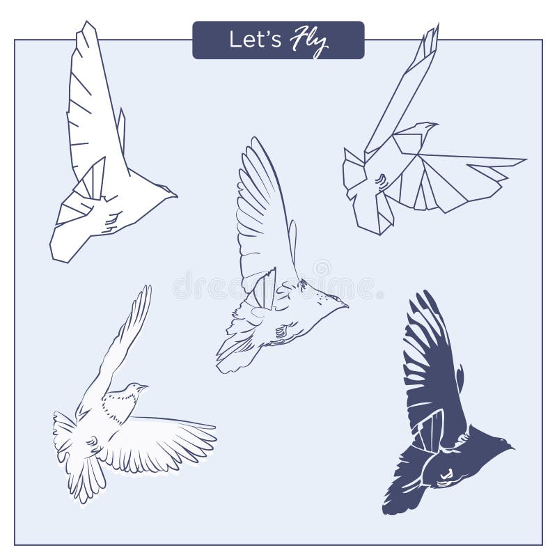 Set of Hand-drawn Flying Pigeons in Different Styles, As Free Hand Sketch,  Poligonal Geometric and Solid Shapes Stock Illustration - Illustration of  icon, element: 169695161