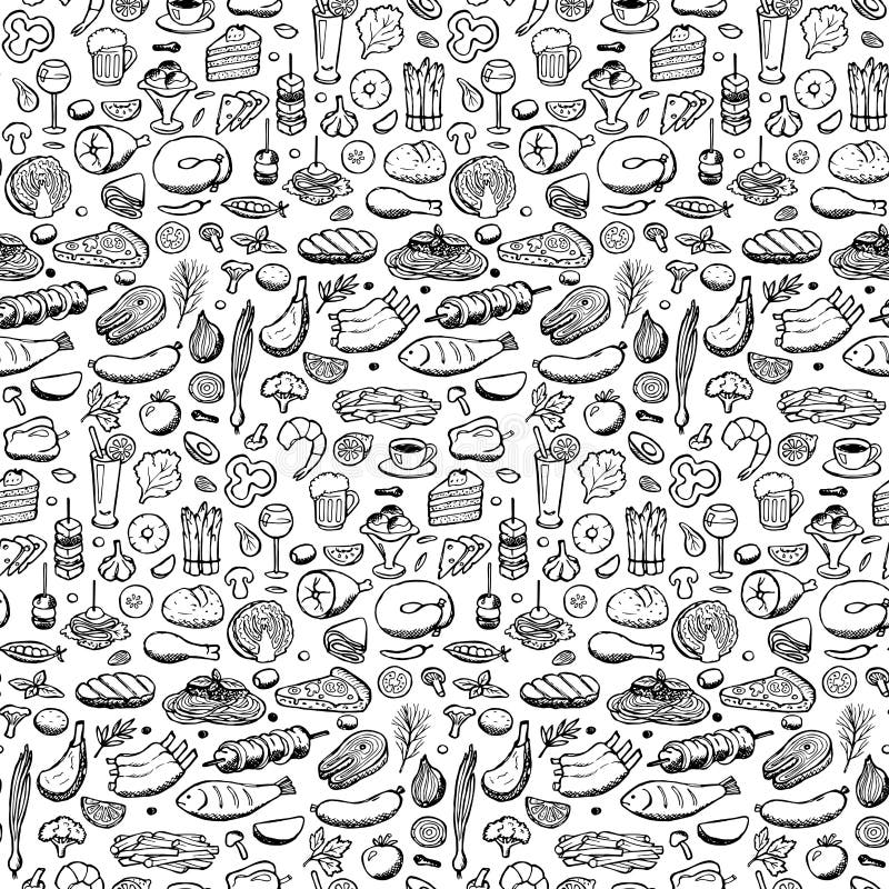 Vector illustration of doodle food and drink elements for backgrounds, textile prints, covers, posters, menu. Vector illustration of doodle food and drink elements for backgrounds, textile prints, covers, posters, menu