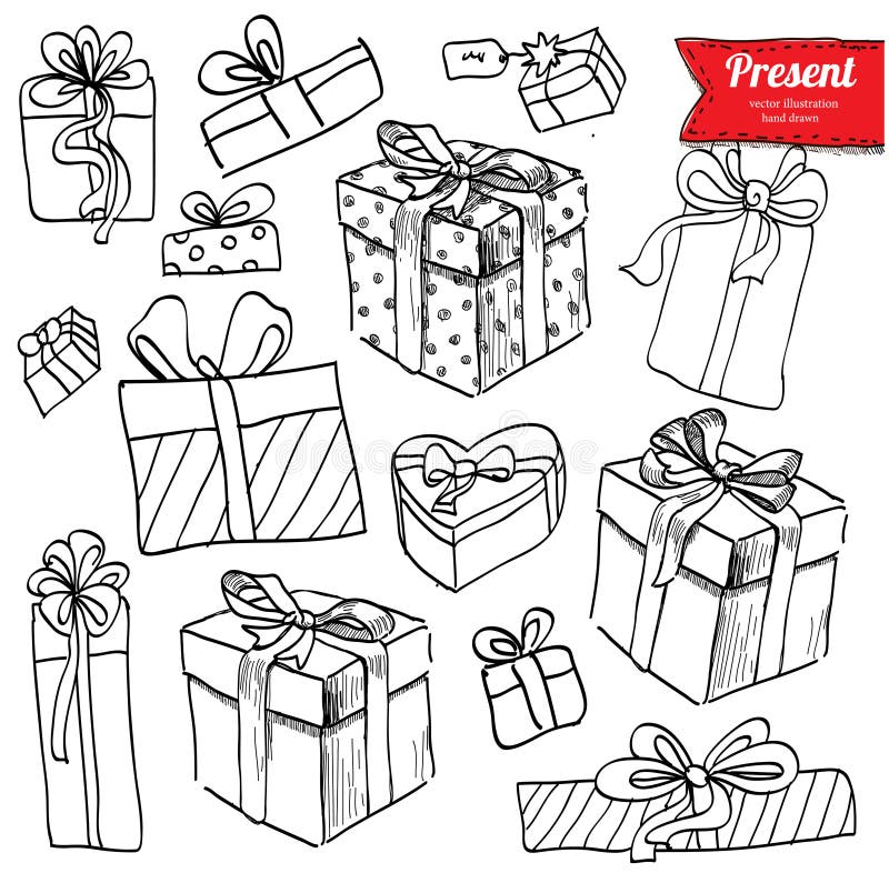 Set of Hand Drawn Gift Boxes with Bows and Ribbons. Stock Vector