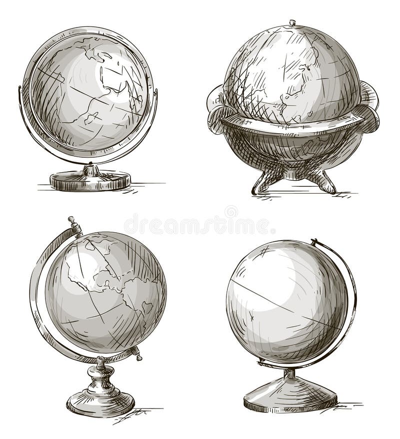 Set of hand drawn globes. Vector illustration.
