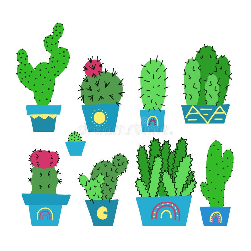 Set of hand drawn green different cactuses with thorns in pots. Home flowers for room decor. Vector cartoon potted plants. Natural stock illustration