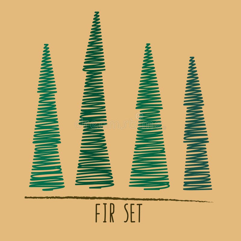 Set of hand drawn green firs. four isolated object. stock illustration Set of hand drawn green firs. four isolated object. stock illustration