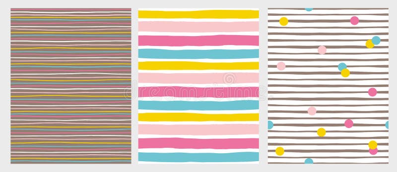 Set of 3 Hand Drawn Irregular Striped Vector Patterns. Colorful Stripes and Dots.