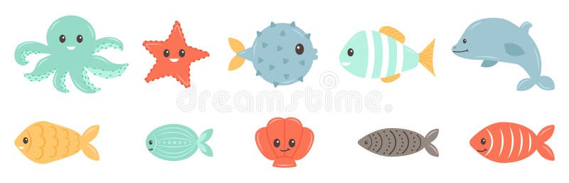 Set with hand drawn sea life elements. Sea animals. Ocean vibes. Doodle cartoon set of marine life objects. Vector art illustration