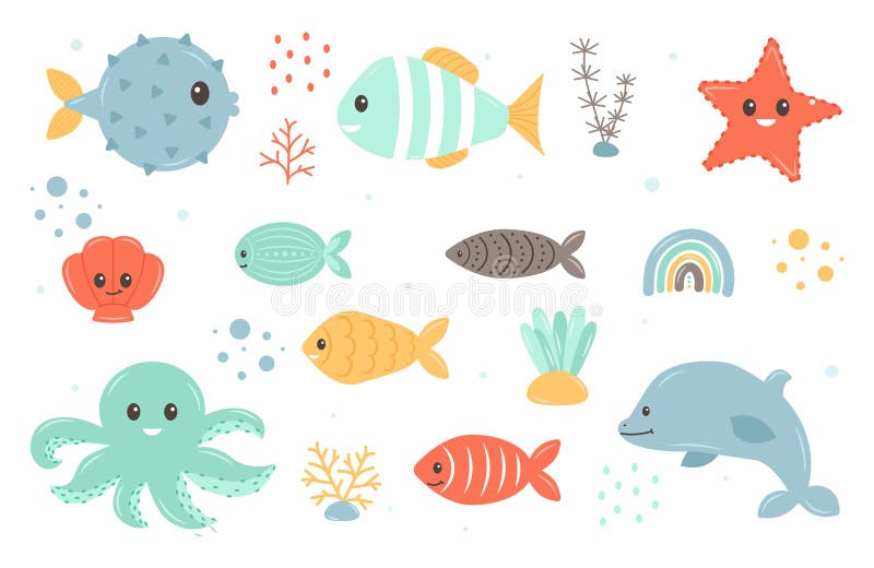 Set with hand drawn sea life elements. Sea animals on white background. Ocean vibes. Doodle cartoon set of marine life objects. Vector art illustration