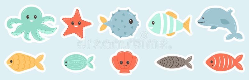 Set with hand drawn sea life stickers. Sea animals. Ocean vibes. Doodle cartoon set of marine life objects. Vector art illustration