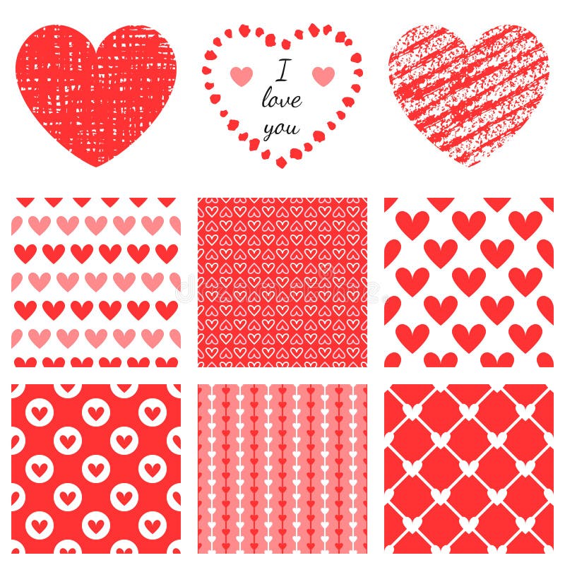 Set of hand-drawn textures heart shapes and romantic pattern.