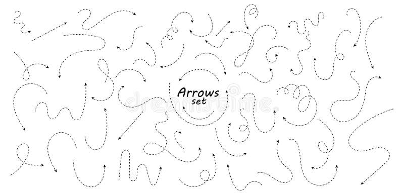 Set of hand drawn thin dash line arrows. Collection of curved pointers. Black dot vector pointers pointing in different directions. Simple design elements of signpost showing confusing complex path.