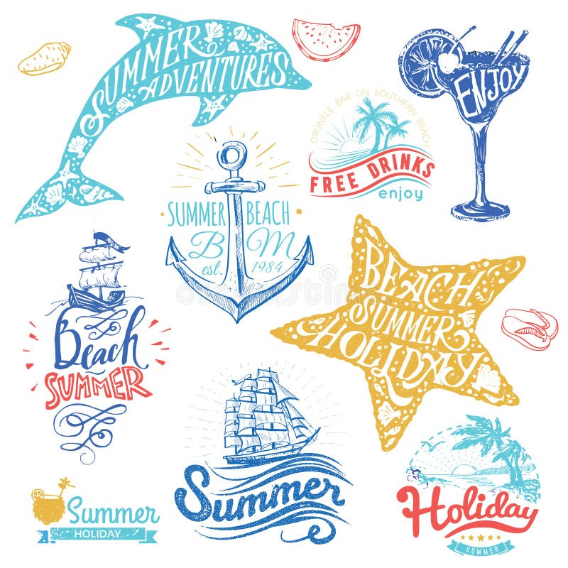 Set of hand drawn watercolor ribbons and stickers of summer. Vector illustrations for summer holiday