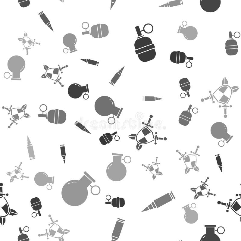 Set Hand Grenade, Bullet, Medieval Shield with Crossed Swords and Hand Grenade on Seamless