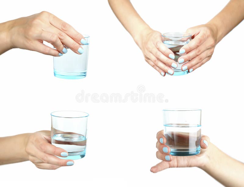 Set of Hand holding a glass of water on white background. Different ways to hold a glass