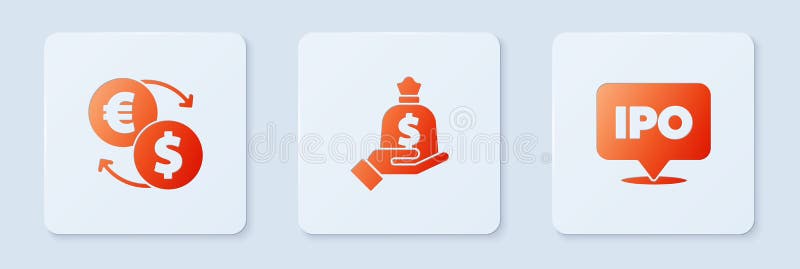 Set Hand Holding Money Bag, Money Exchange and IPO. White Square Button