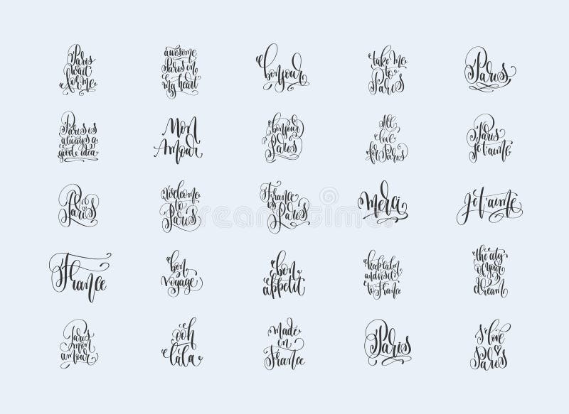 Set of 25 hand lettering inscriptions about travel to Paris Fran
