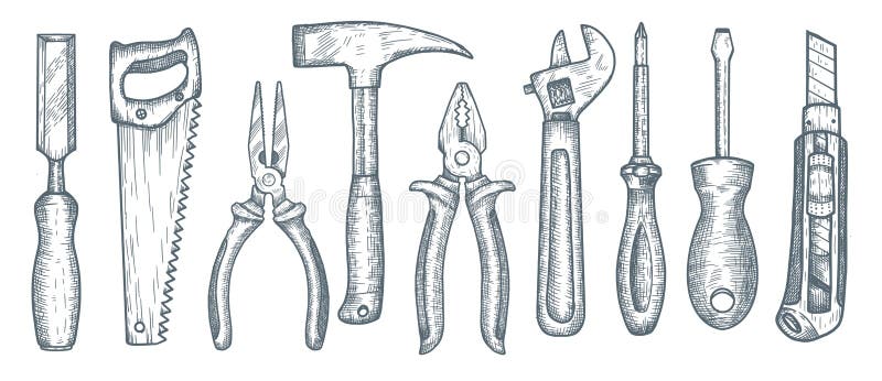 Set of hand tools. Collection of hand drawn engraved graphic. Vector