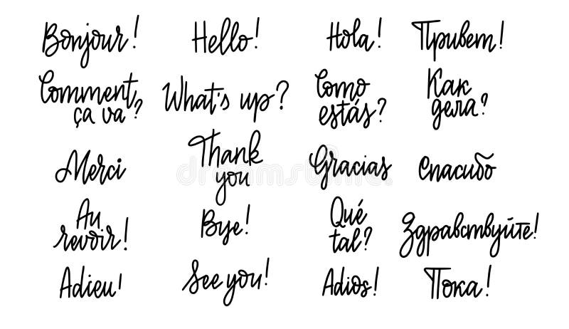Set of hand-written doodle lettering words and phrases in Russian, English, Spanish and French vector illustration Set of hand-written doodle lettering words and phrases in Russian, English, Spanish and French vector illustration